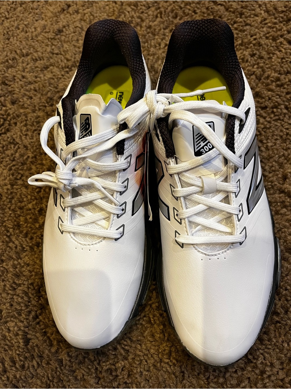 New Balance White and Black Men's Athletic Golf Shoes with Neon Yellow Insole